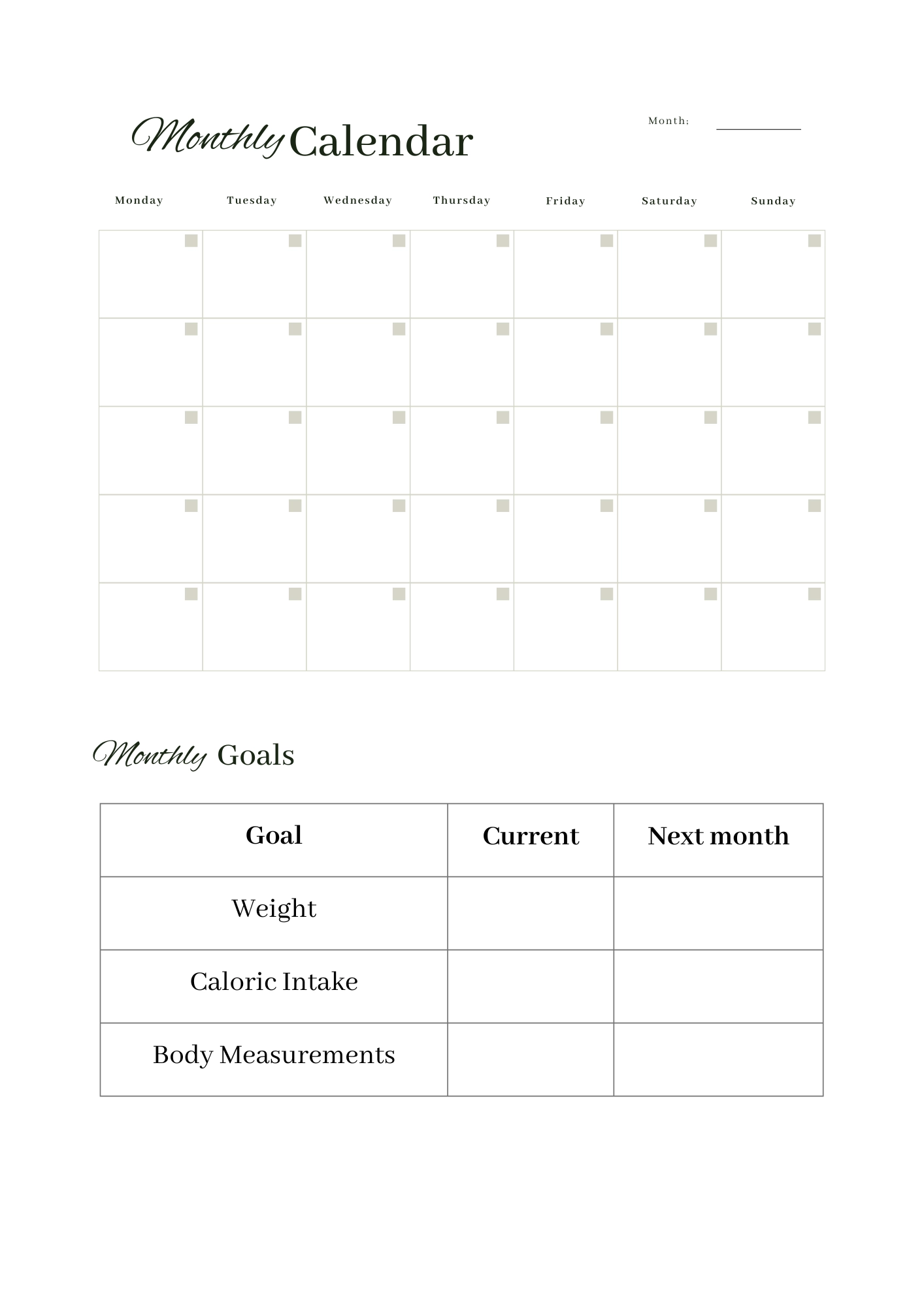 Monthly Workout Planner