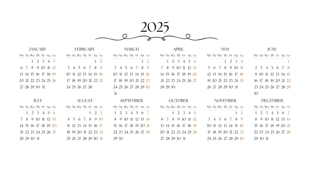 Horizontal Printable Calendar for 2025