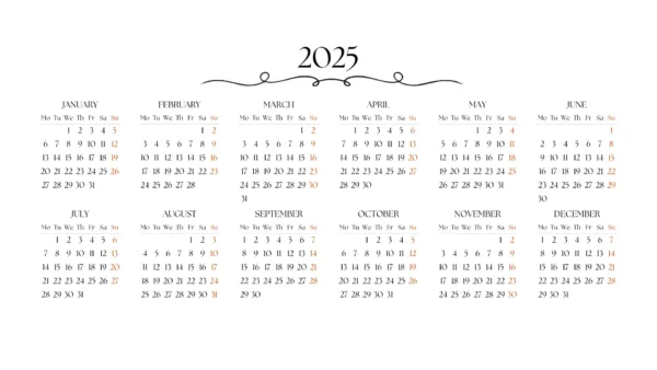 Horizontal Printable Calendar for 2025