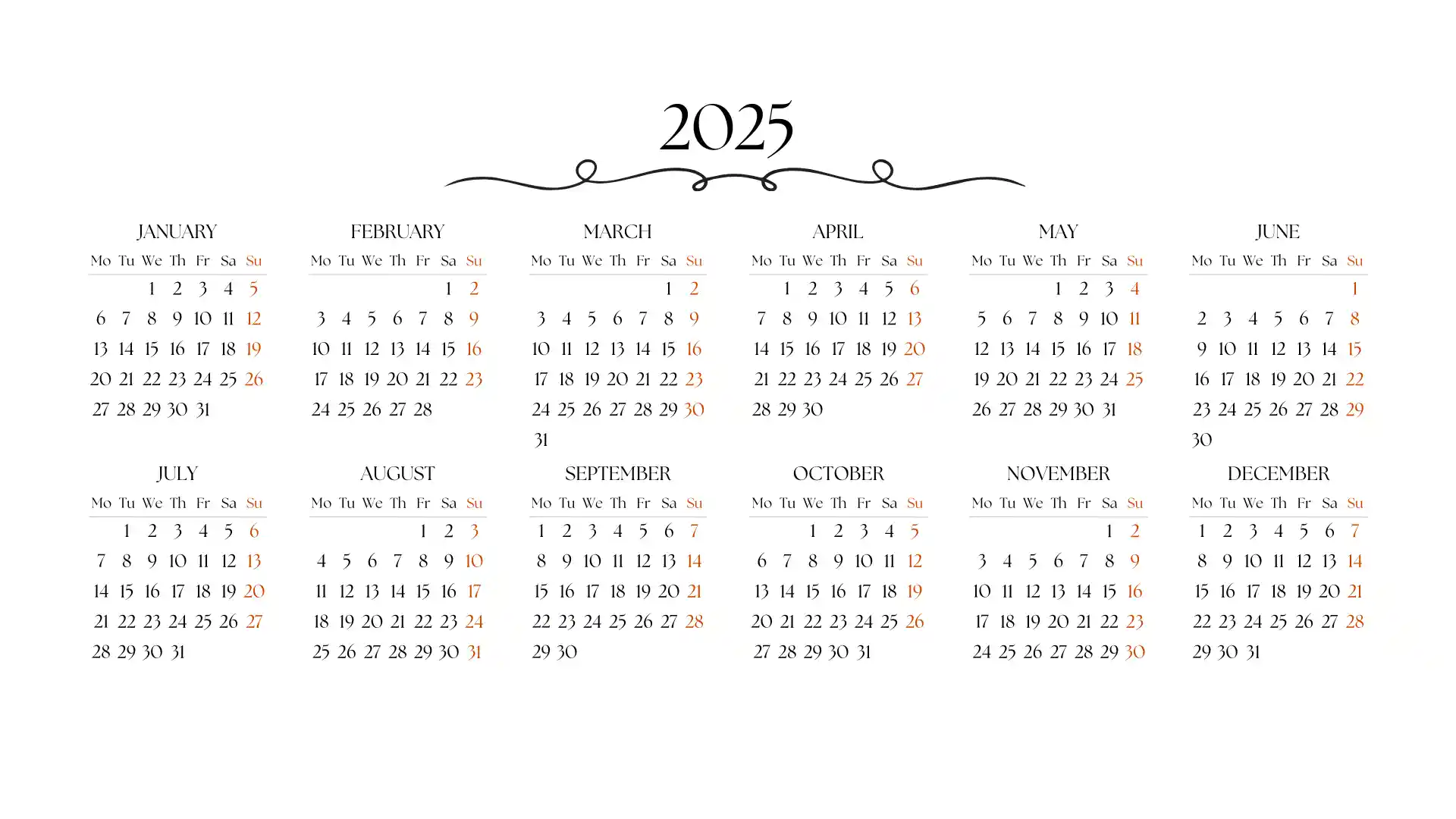 Horizontal Printable Calendar 2025