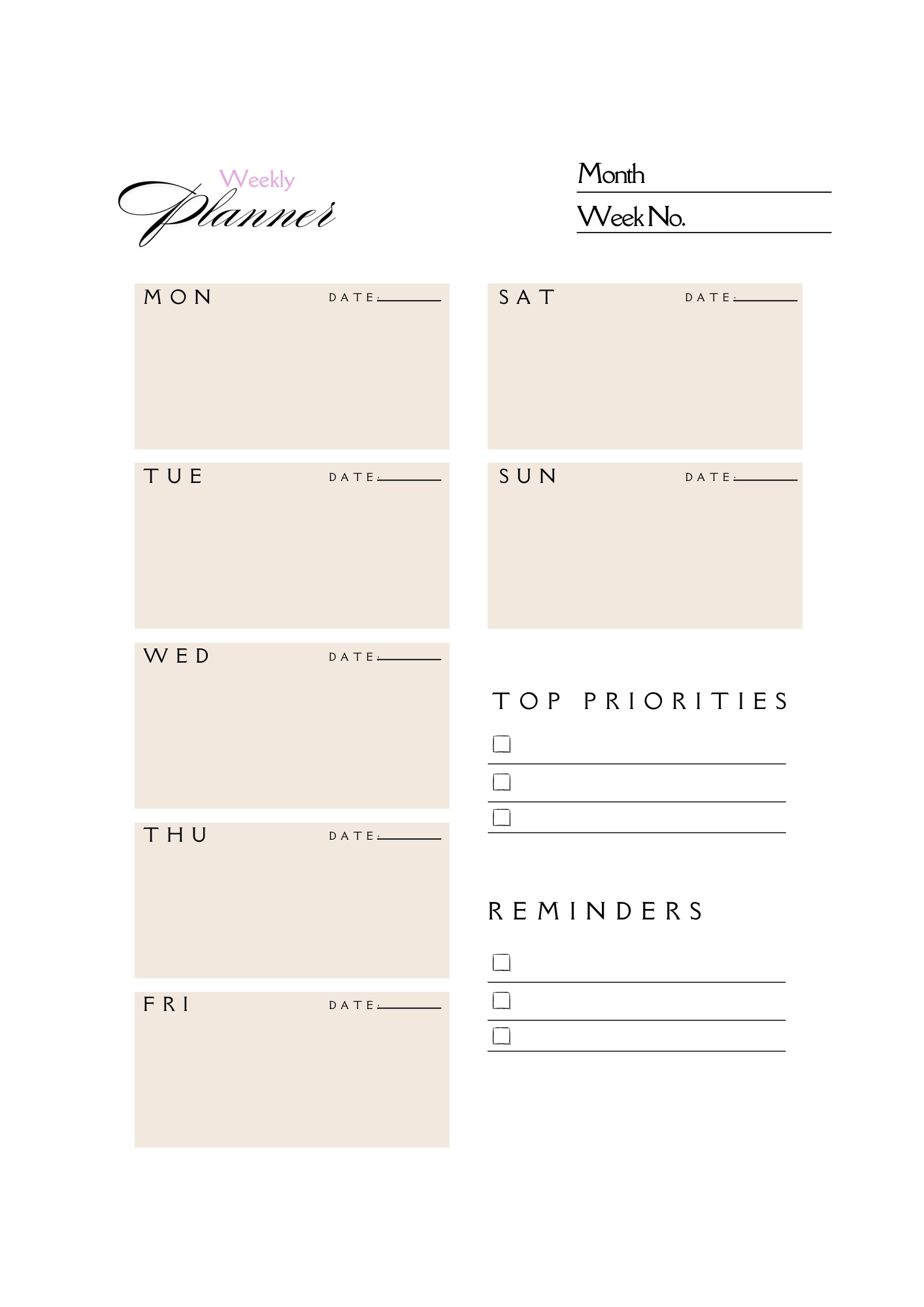 Undated Weekly Planner